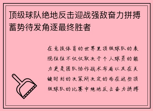 顶级球队绝地反击迎战强敌奋力拼搏蓄势待发角逐最终胜者